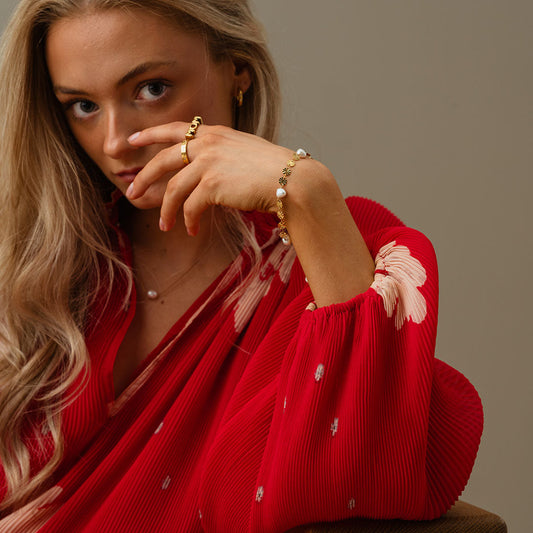 Sun Perlehalskæde Ferskvandsperler + Armbånd 18K Guldbelagt - Josephine Nord