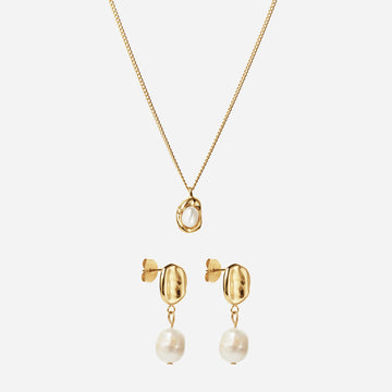 Melted Perlehalskæde + Melted Drop Perleøreringe 18k Guldelagt