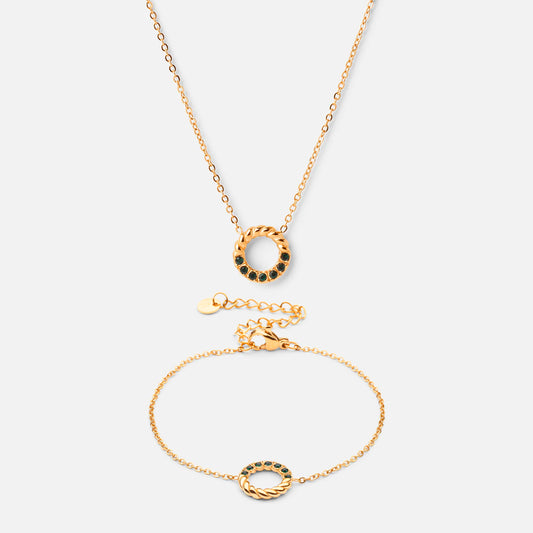 Twisted Green Zirkon Halskæde + Armbånd 18K Guldbelagt - Josephine Nord