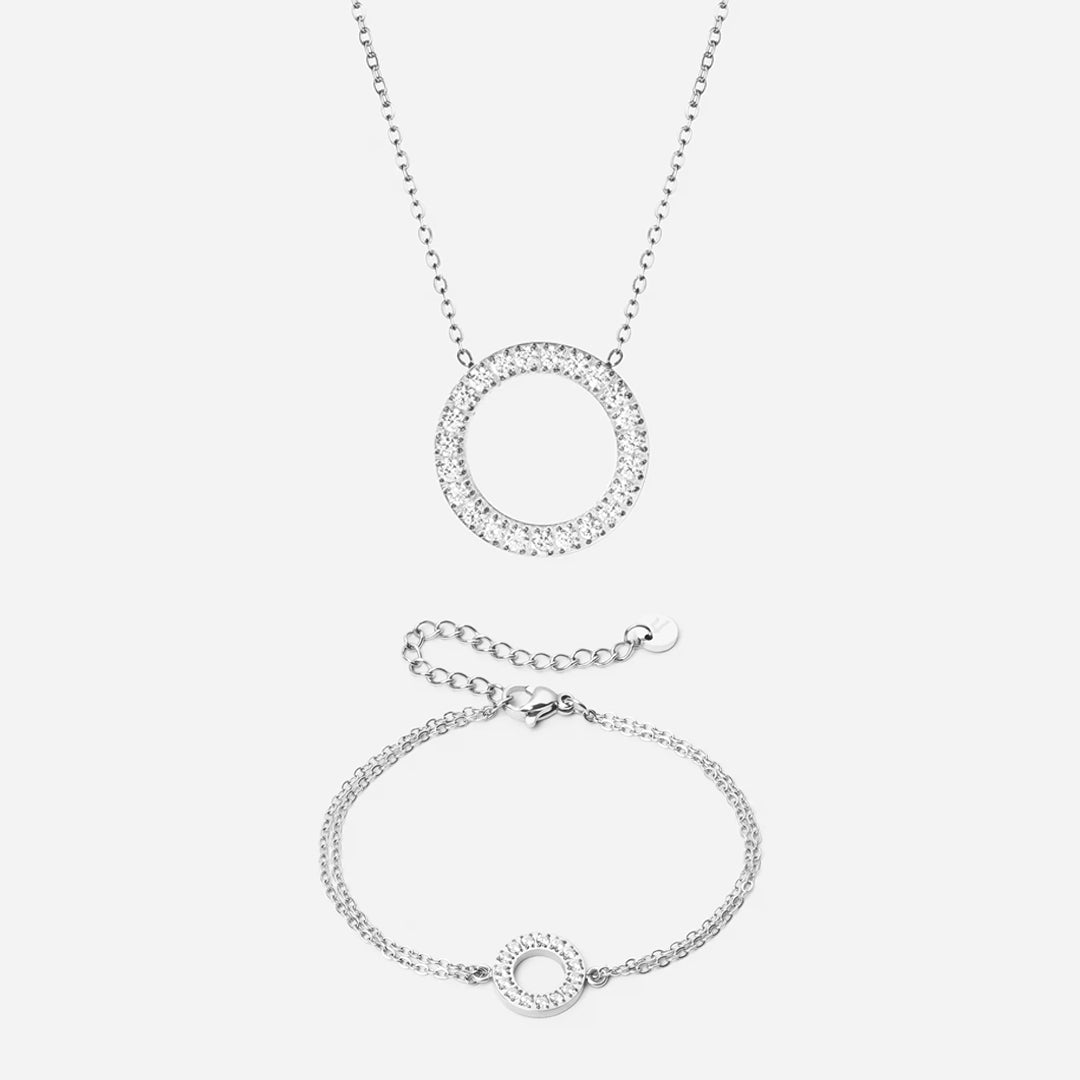 Circle Zirkon Halskæde 20mm + Armbånd 12mm Sølvfarvet