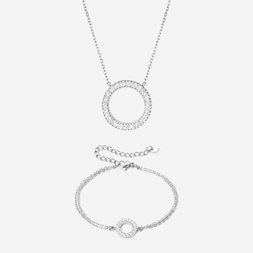 Circle Zirkon Halskæde 20mm + Armbånd 12mm Sølvfarvet