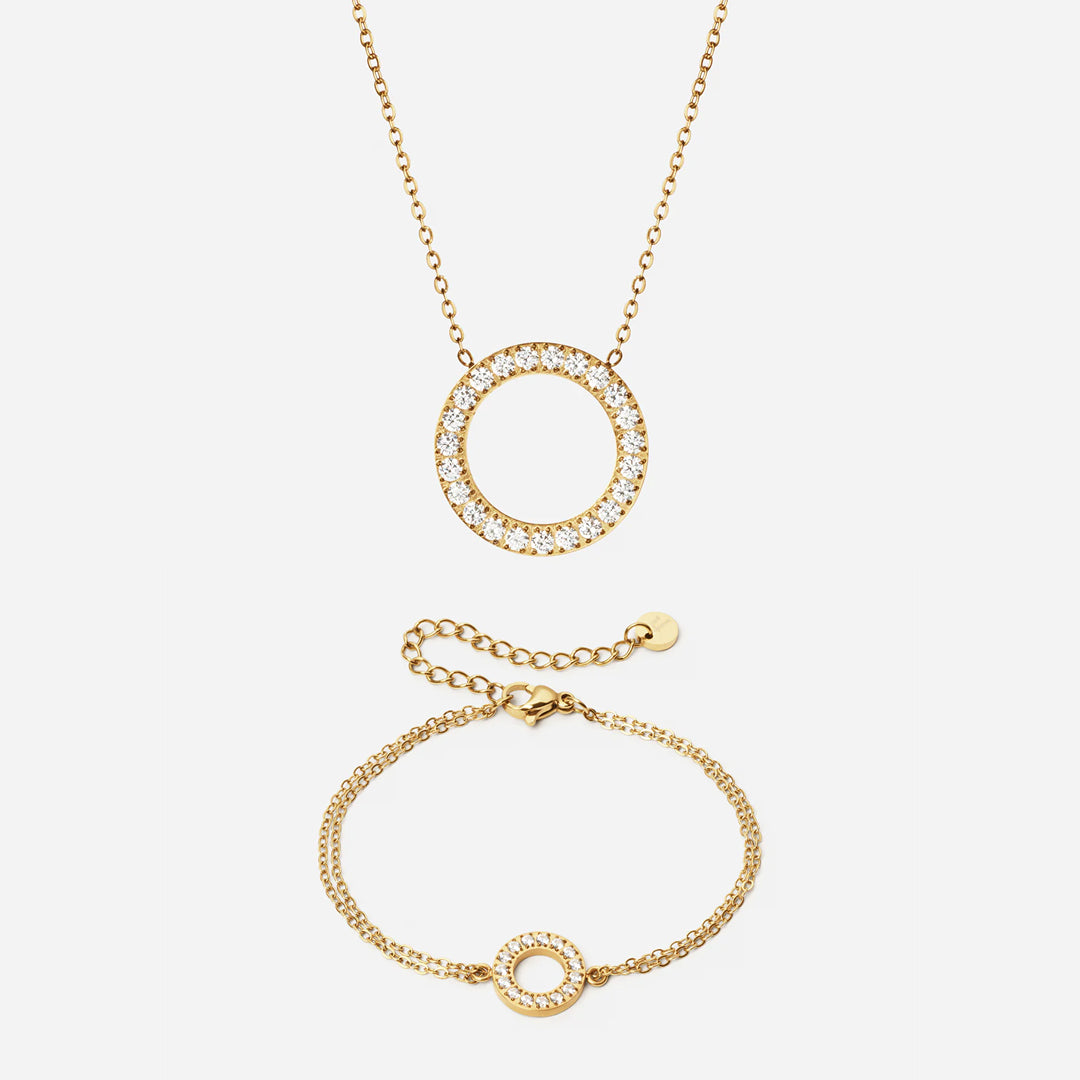 Circle Zirkon Halskæde 20mm + Armbånd 12mm 18K Guldbelagt