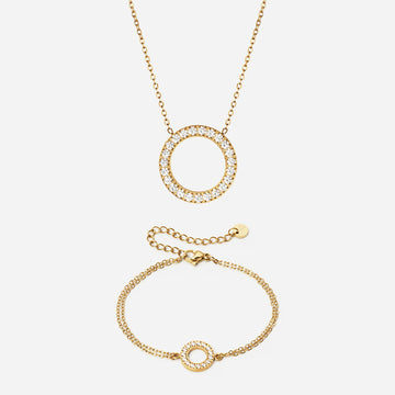 Circle Zirkon Halskæde 20mm + Armbånd 12mm 18K Guldbelagt
