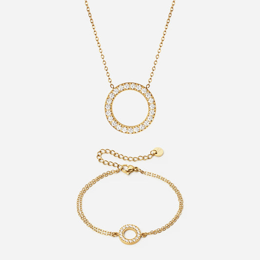 Circle Zirkon Halskæde 20mm + Armbånd 12mm 18K Guldbelagt