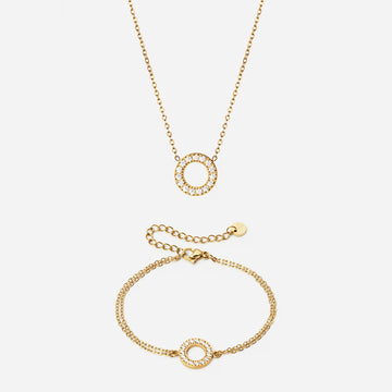 Circle Zirkon Halskæde 12mm+ Armbånd 12mm 18K Guldbelagt