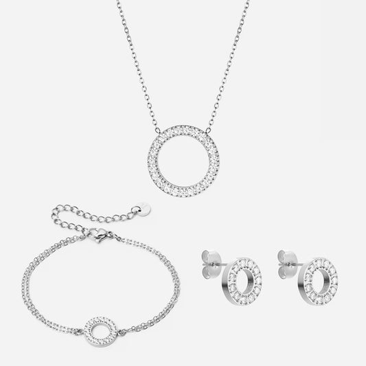 Circle Zirkon Halskæde 20mm+ Armbånd 12mm Sølvfarvet + Øreringe 10mm Sølvfarvet