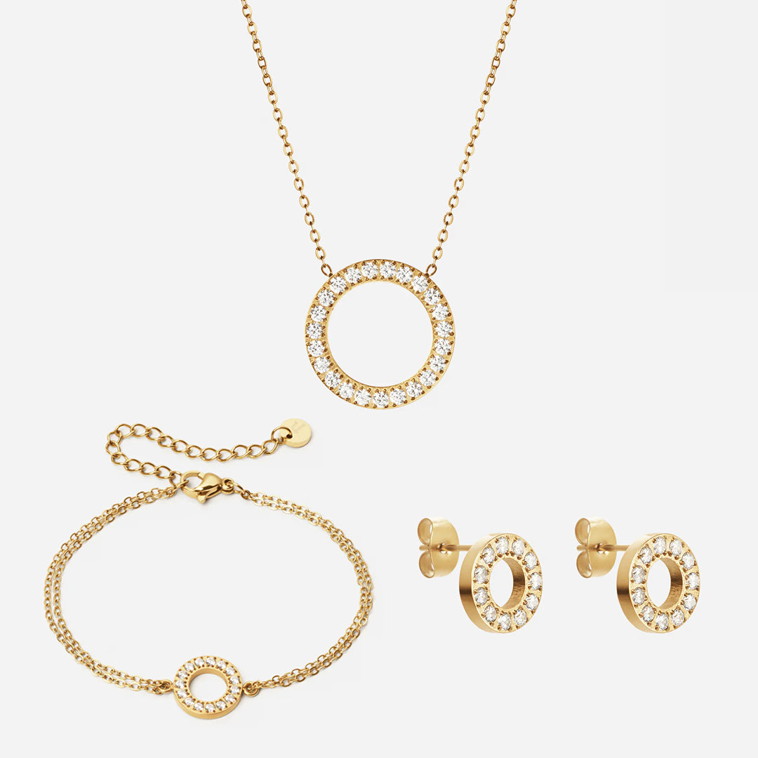 Circle Zirkon Halskæde 20mm+ Armbånd 12mm + Øreringe 10mm 18K Guldbelagt
