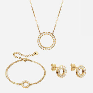 Circle Zirkon Halskæde 20mm + Armbånd 12mm + Øreringe 10mm 18K Guldbelagt