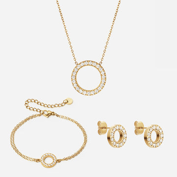 Circle Zirkon Halskæde 20mm+ Armbånd 12mm + Øreringe 10mm 18K Guldbelagt