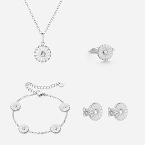Marguerit Halskæde + Armbånd + Øreringe + Ring Sølvfarvet