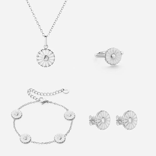 Marguerit Halskæde + Armbånd + Øreringe + Ring Sølvfarvet