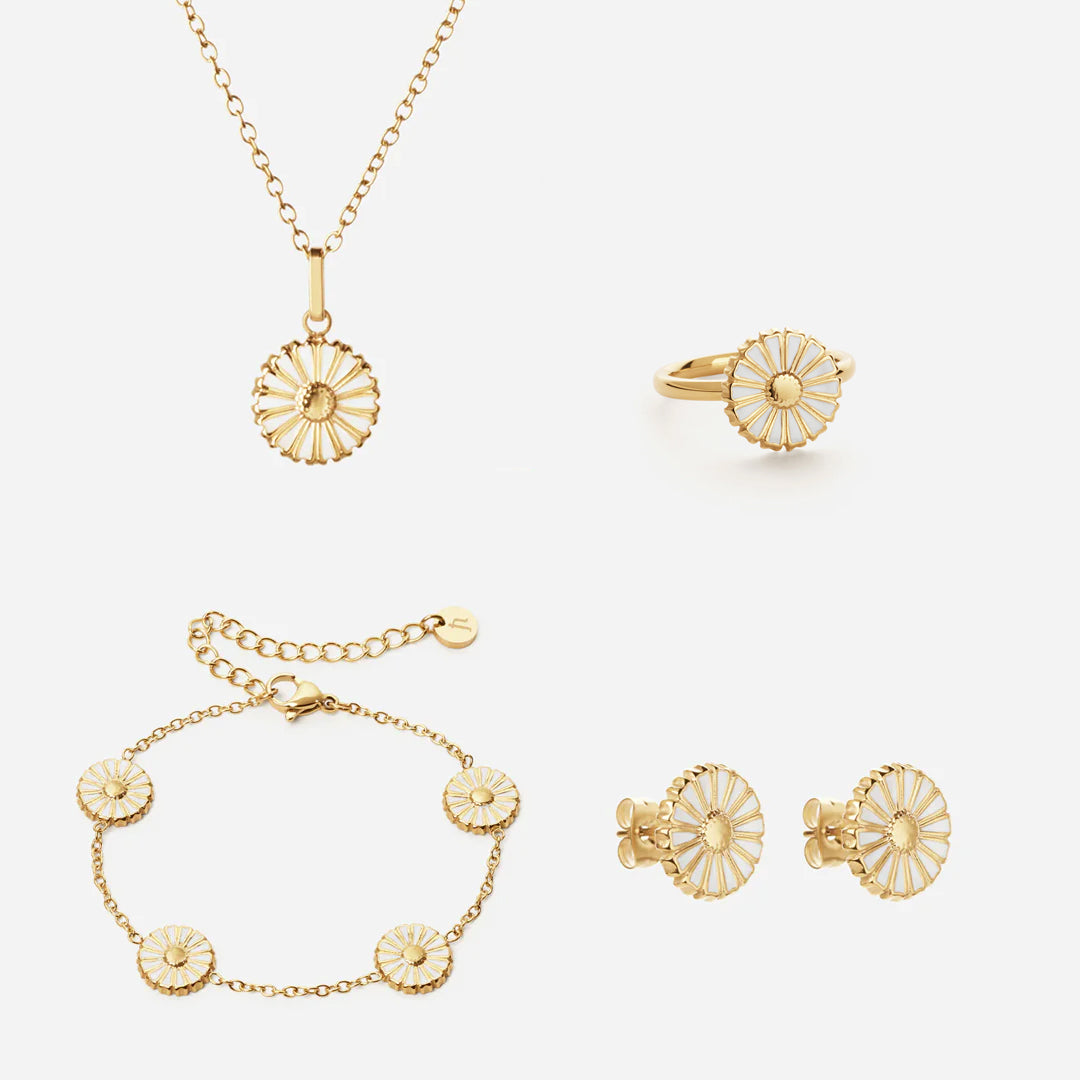 Marguerit Halskæde + Armbånd + Øreringe + Ring 18K Guldbelagt
