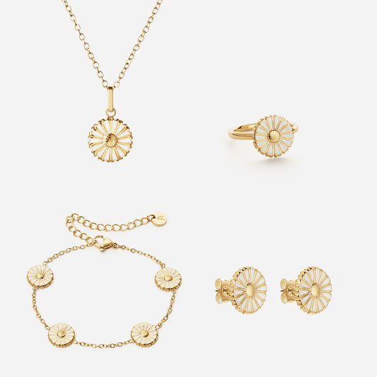 Marguerit Halskæde + Armbånd + Øreringe + Ring 18K Guldbelagt
