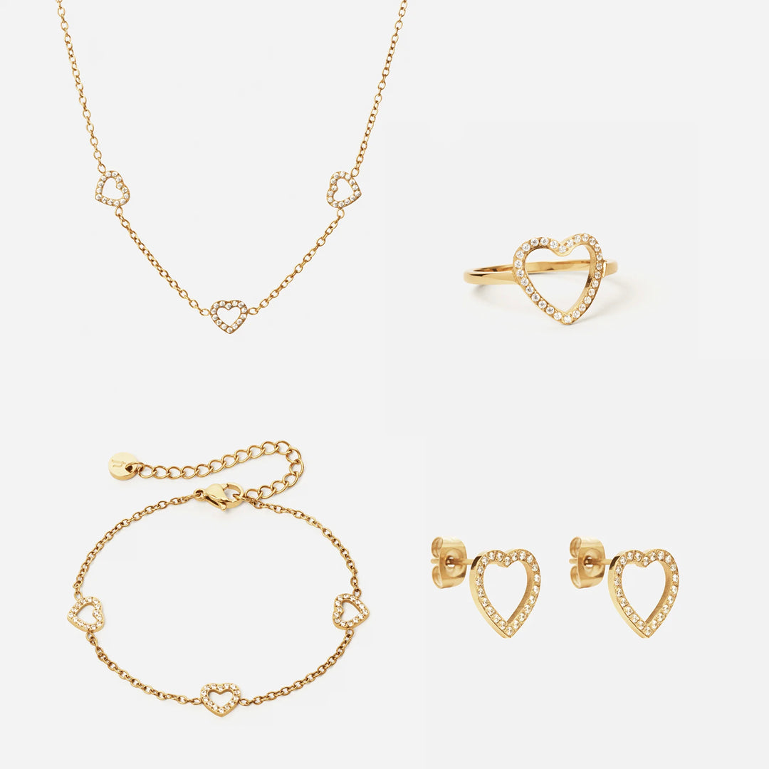 Heart Zirkon Trio Halskæde + Armbånd + Øreringe + Ring 18K Guldbelagt 12mm