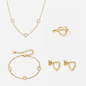 Heart Zirkon Trio Halskæde + Armbånd + Øreringe + Ring 18K Guldbelagt 12mm