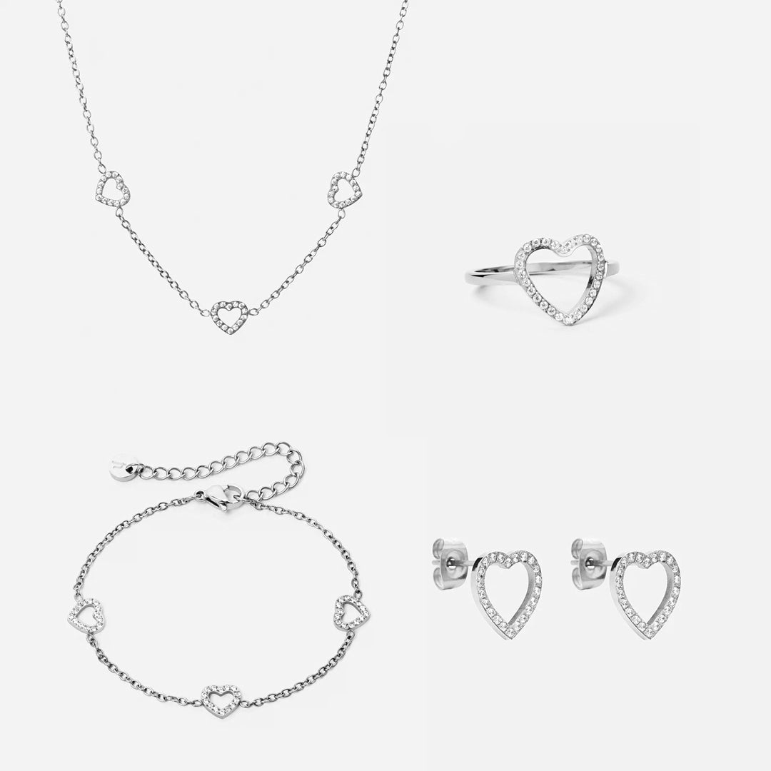 Heart Zirkon Trio Halskæde + Armbånd + Øreringe + Ring Sølvfarvet 12mm