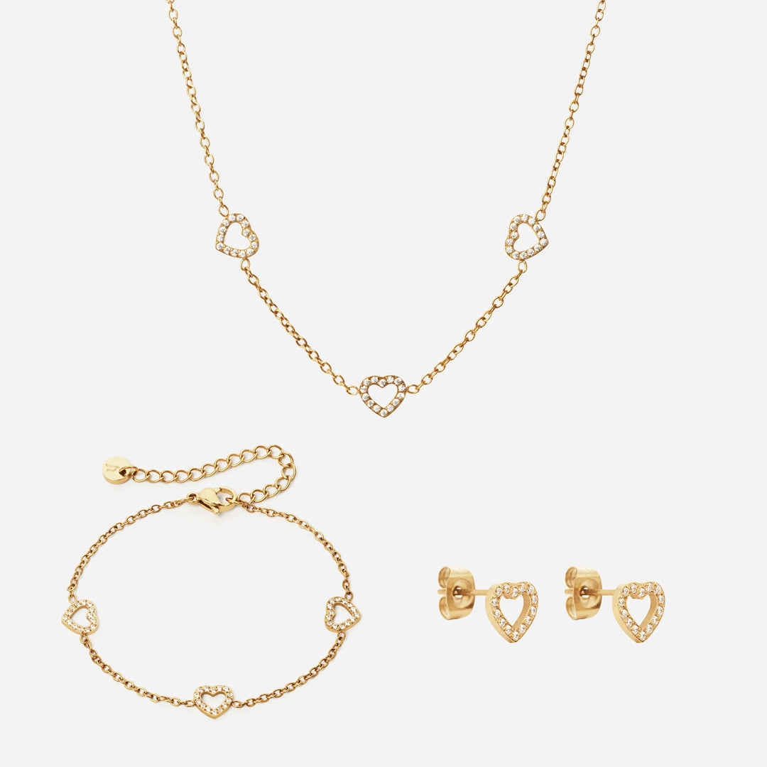 Heart Zirkon Trio Halskæde + Armbånd + Øreringe 18K Guldbelagt 8mm