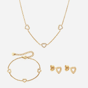 Heart Zirkon Trio Halskæde + Armbånd + Øreringe 18K Guldbelagt 8mm