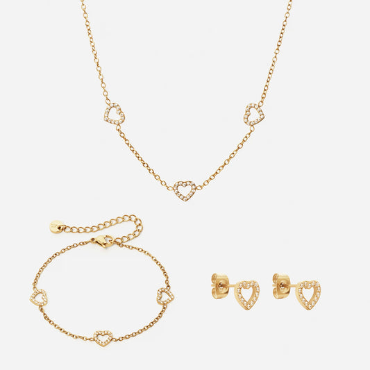 Heart Zirkon Trio Halskæde + Armbånd + Øreringe 18K Guldbelagt 8mm