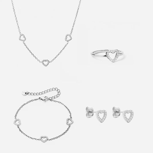 Heart Zirkon Trio Halskæde + Armbånd + Øreringe + Ring Sølvfarvet 8mm