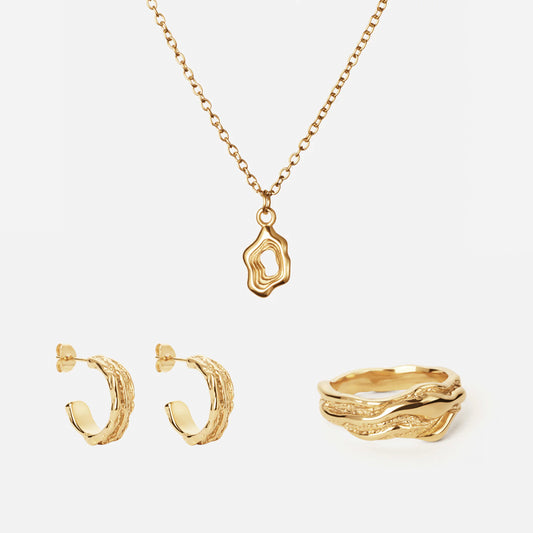 Lava Frame Halskæde + Ring + Øreringe 18K Guldbelagt