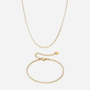 Zirkon Tennisarmbånd + Halskæde 18K Guldbelagt