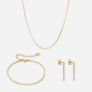 Zirkon Tennisarmbånd + Halskæde + Øreringe 24mm 18K Guldbelagt