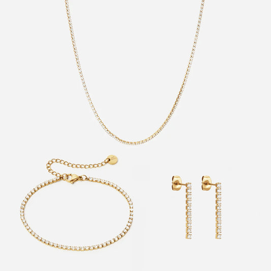Zirkon Tennisarmbånd + Halskæde + Øreringe 24mm 18K Guldbelagt