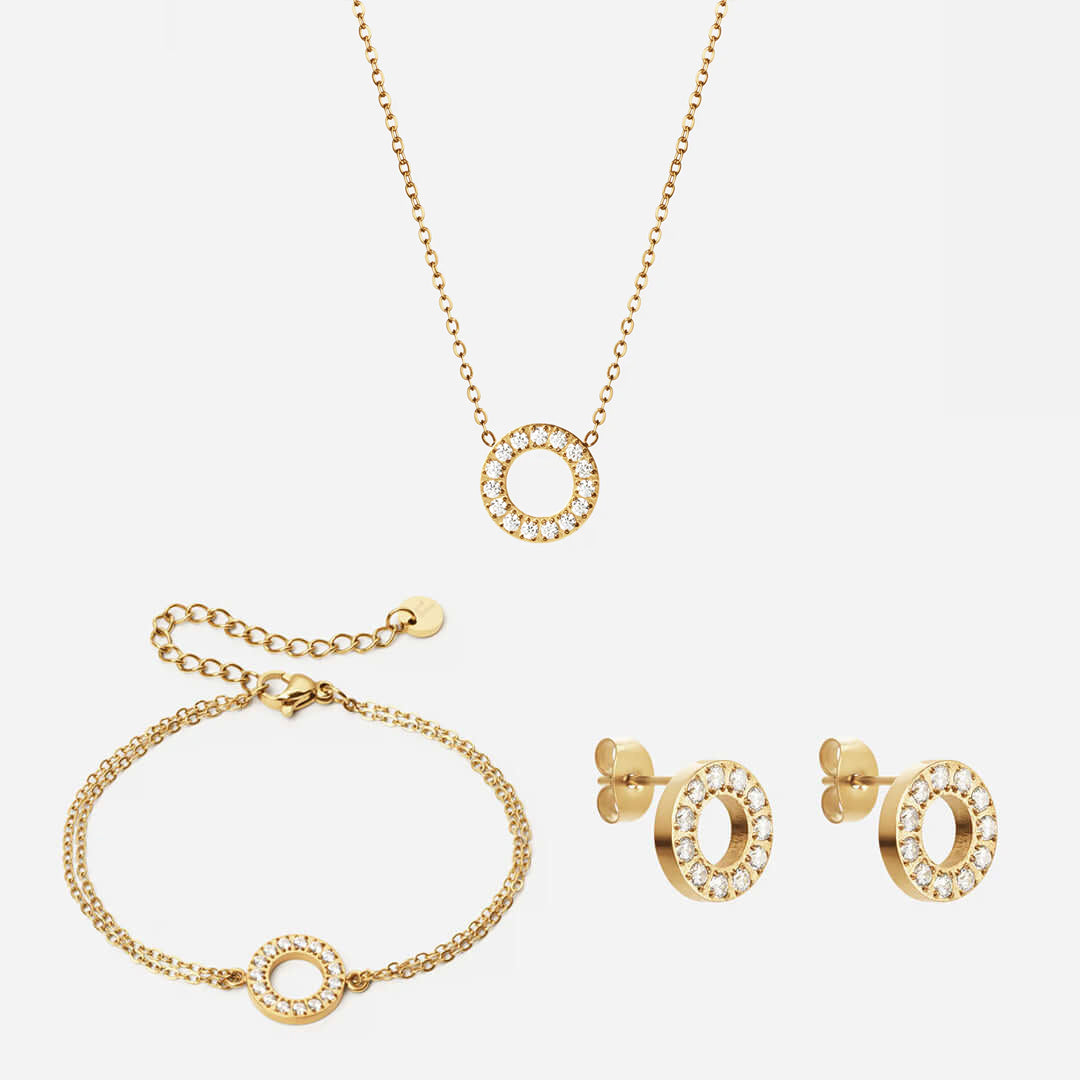 Circle Zirkon Halskæde 12mm + Armbånd 12mm + Øreringe 10mm 18K Guldbelagt