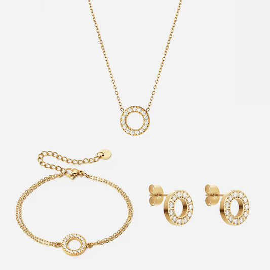 Circle Zirkon Halskæde 12mm + Armbånd 12mm + Øreringe 10mm 18K Guldbelagt