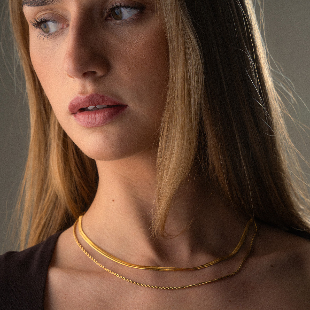 Twisted Rope + Flad Snake Halskæde 18K Guldbelagt