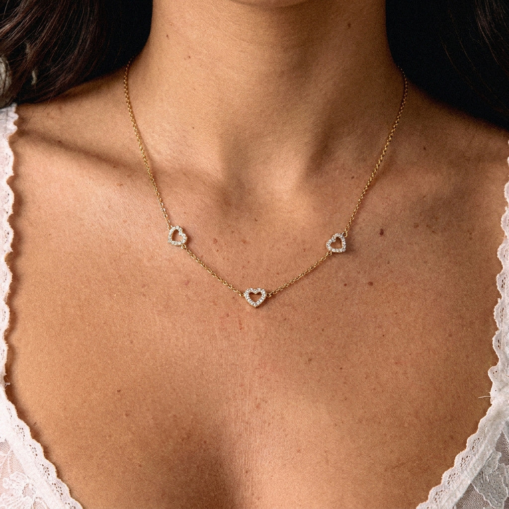 Heart Zirkon Trio Halskæde 18K Guldbelagt 8mm