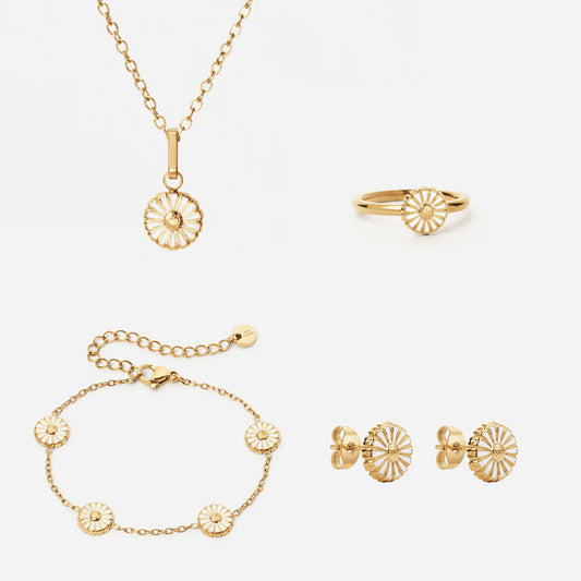 Marguerit Halskæde + Armbånd + Øreringe + Ring 18K Guldbelagt 8mm
