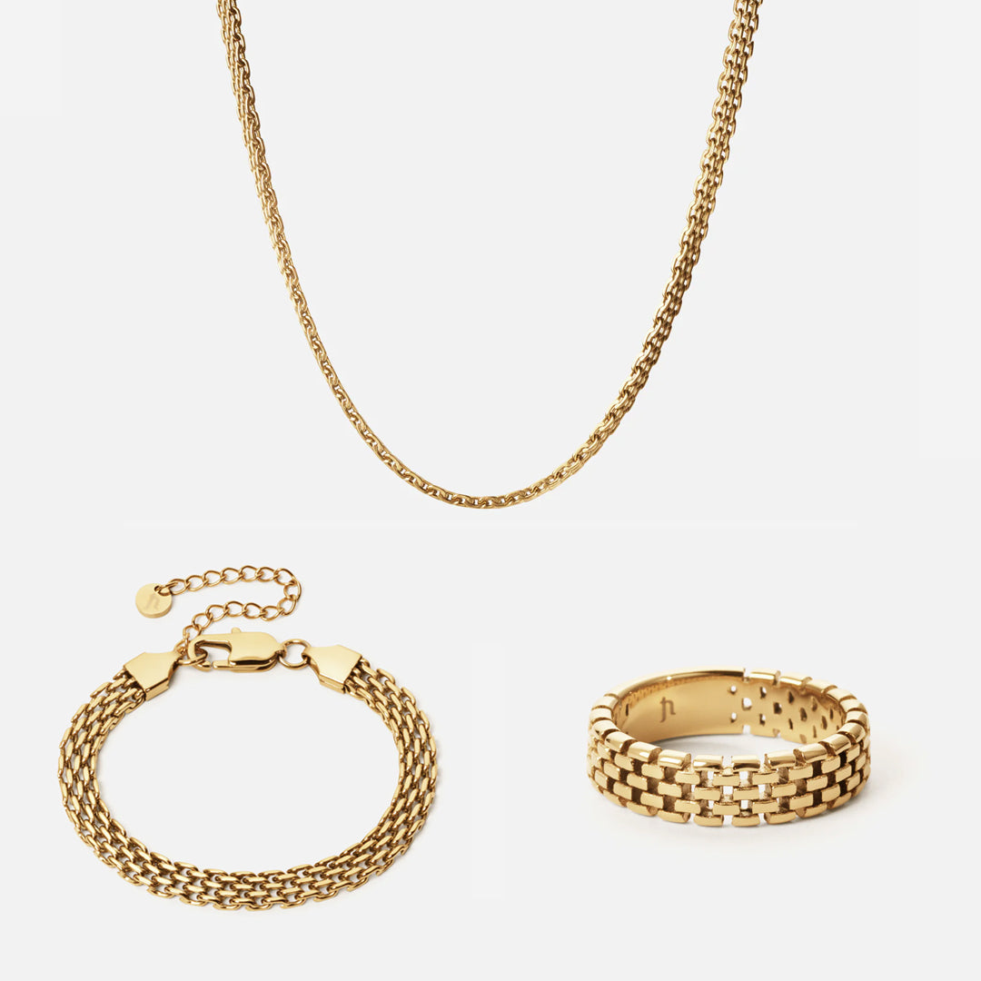 Mesh Halskæde + Armbånd + Ring 18K Guldbelagt 6mm