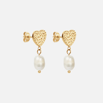 Hammered Heart Perle Studs Øreringe 18K Guldbelagt