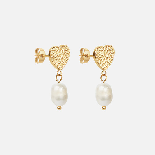 Hammered Heart Perle Studs Øreringe 18K Guldbelagt