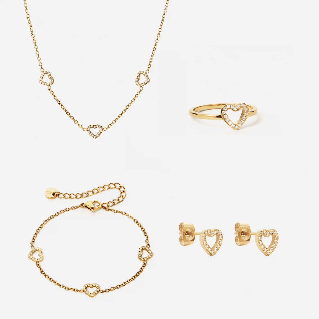 Heart Zirkon Trio Halskæde + Armbånd + Øreringe + Ring 18K Guldbelagt 8mm