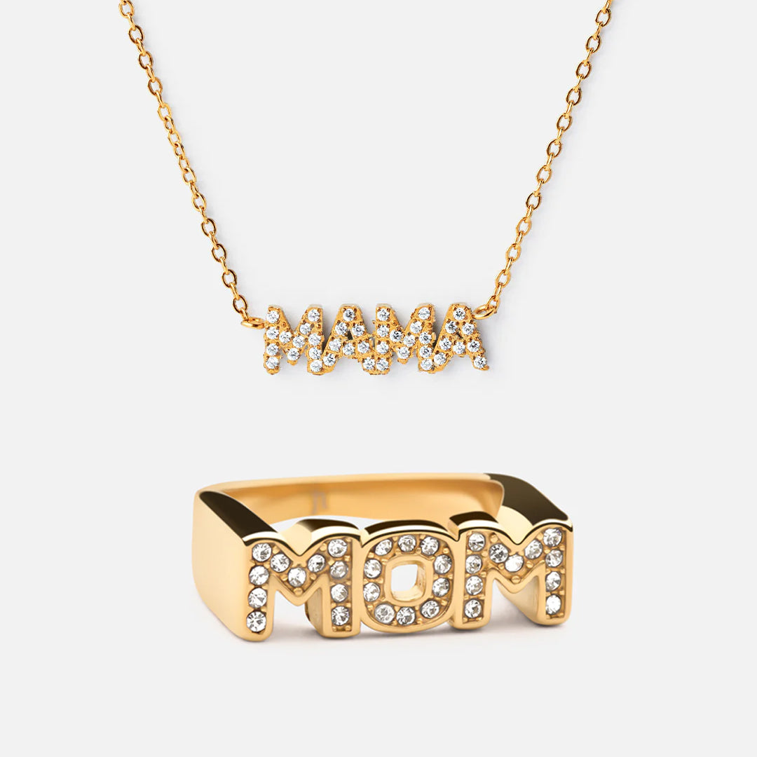 Mama Zirkon Halskæde + MOM Zirkon Ring 18K Guldbelagt