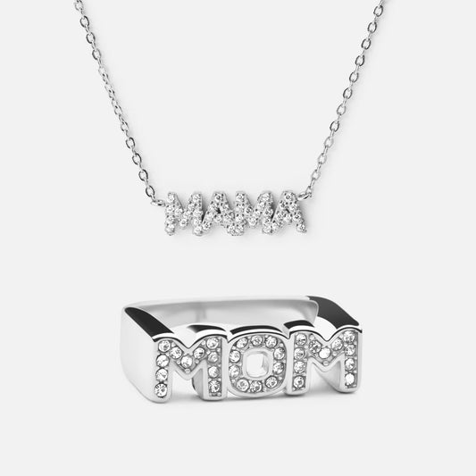 Mama Zirkon Halskæde + MOM Zirkon Ring Sølvfarvet