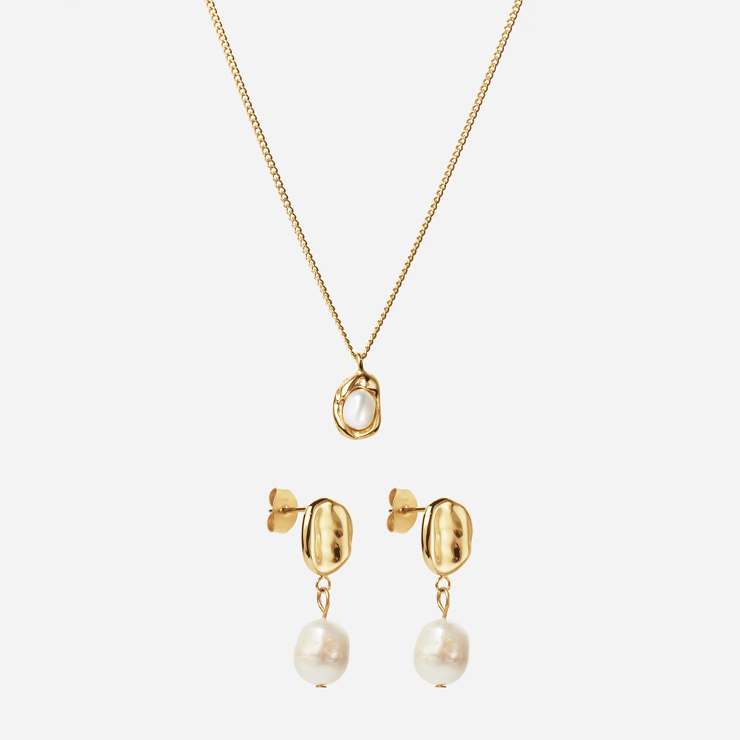 Melted Perlehalskæde + Melted Drop Perleøreringe 18k Guldelagt
