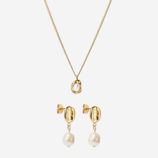 Melted Perlehalskæde + Melted Drop Perleøreringe 18k Guldelagt